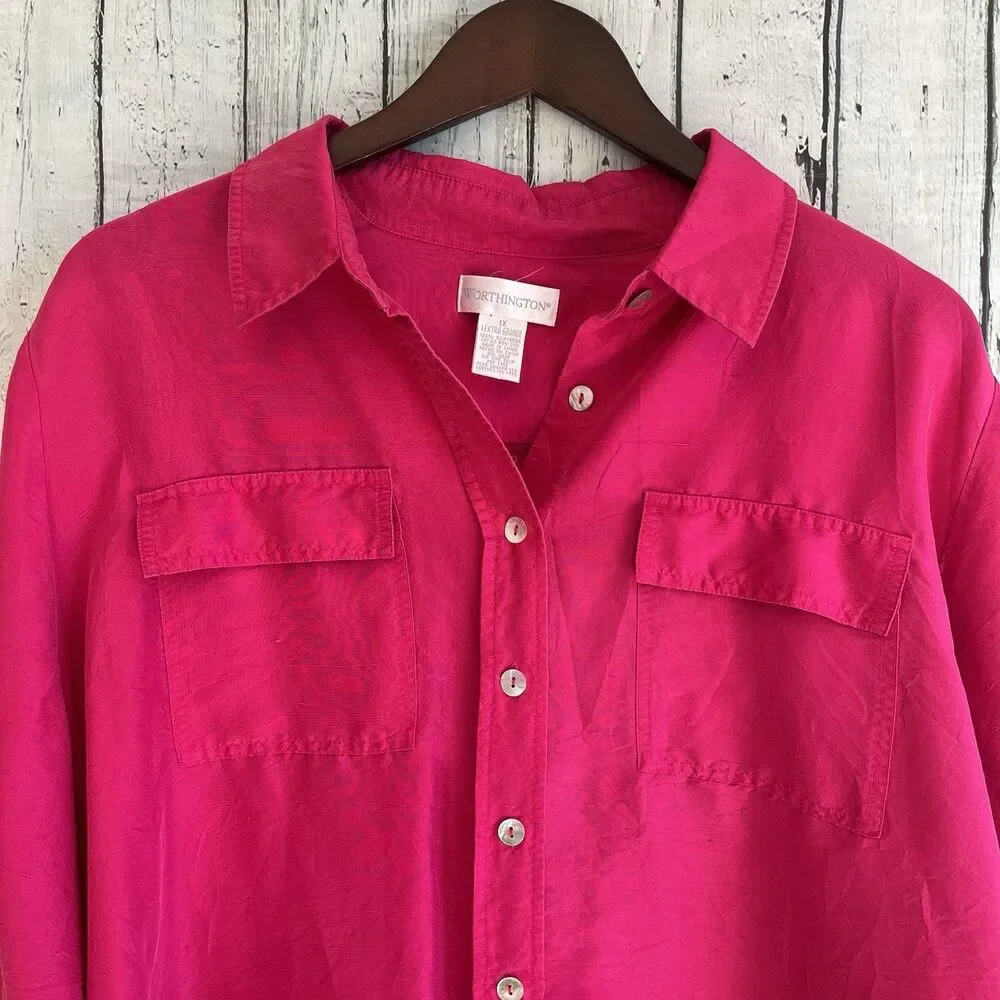 Worthington Womens Hot Pink Button Down Silk Top Size 1X Office Career Colorful